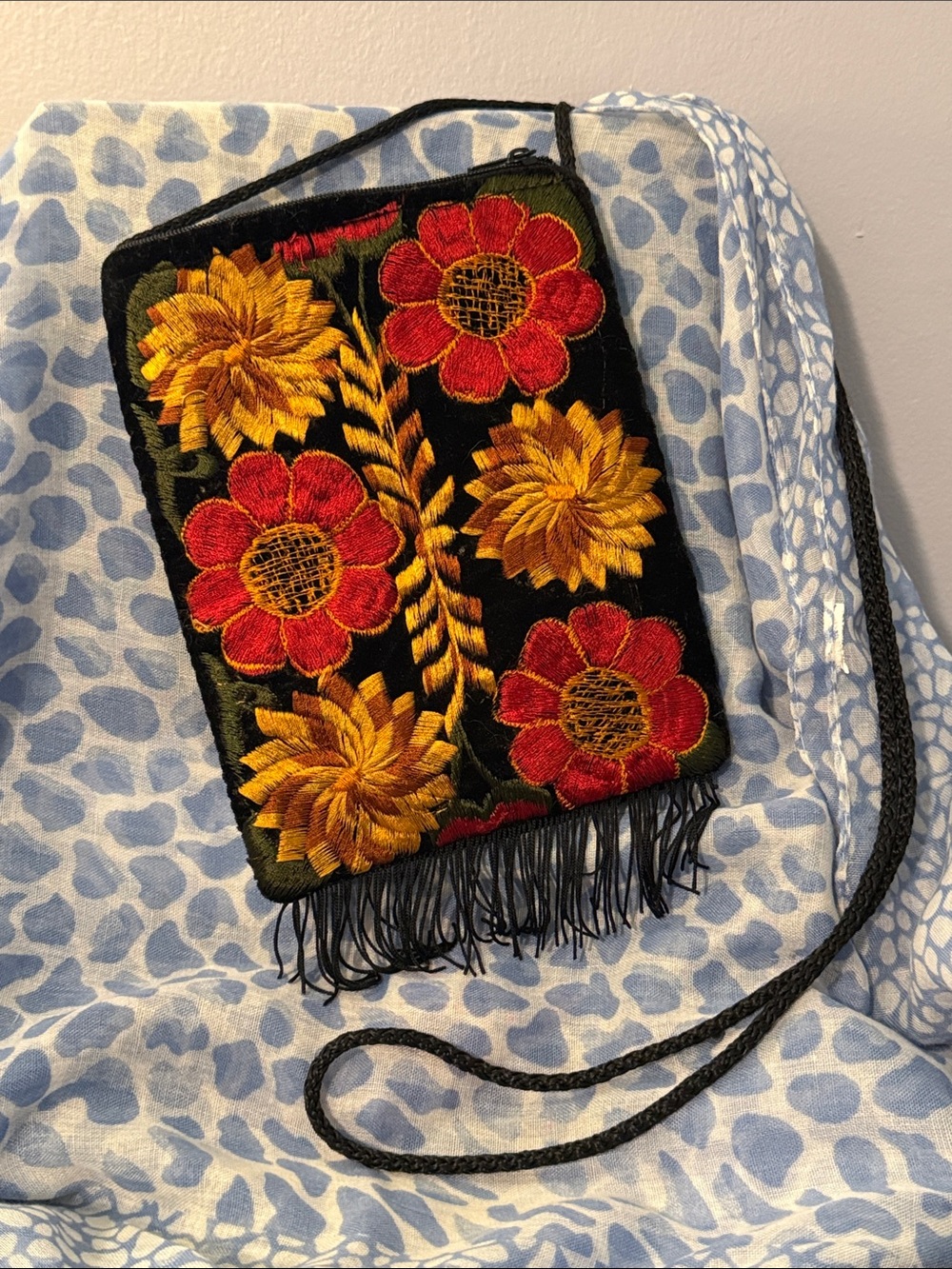 Hand-Embroidered Black Crossbody Bag with Red & Gold Floral Design